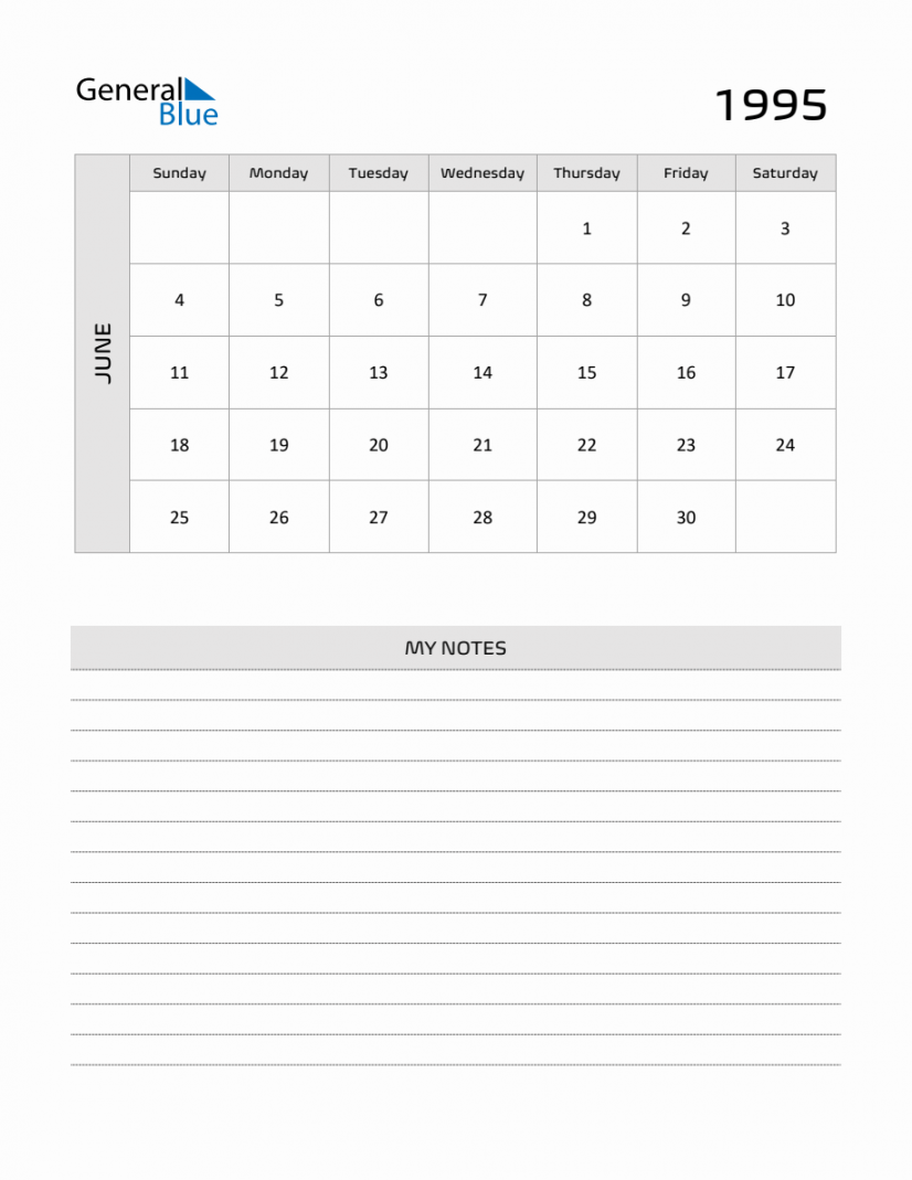 June  Printable Monthly Calendar with Notes