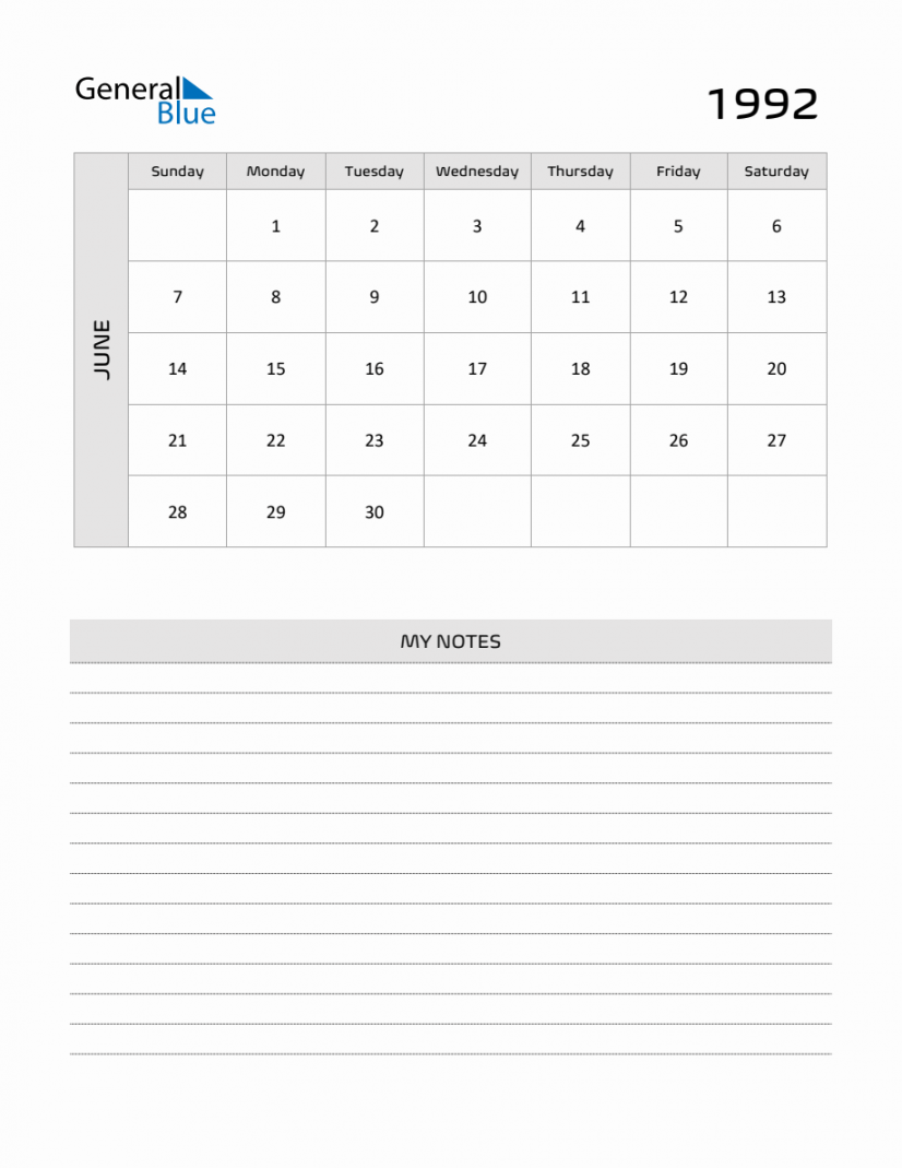 June  Printable Monthly Calendar with Notes