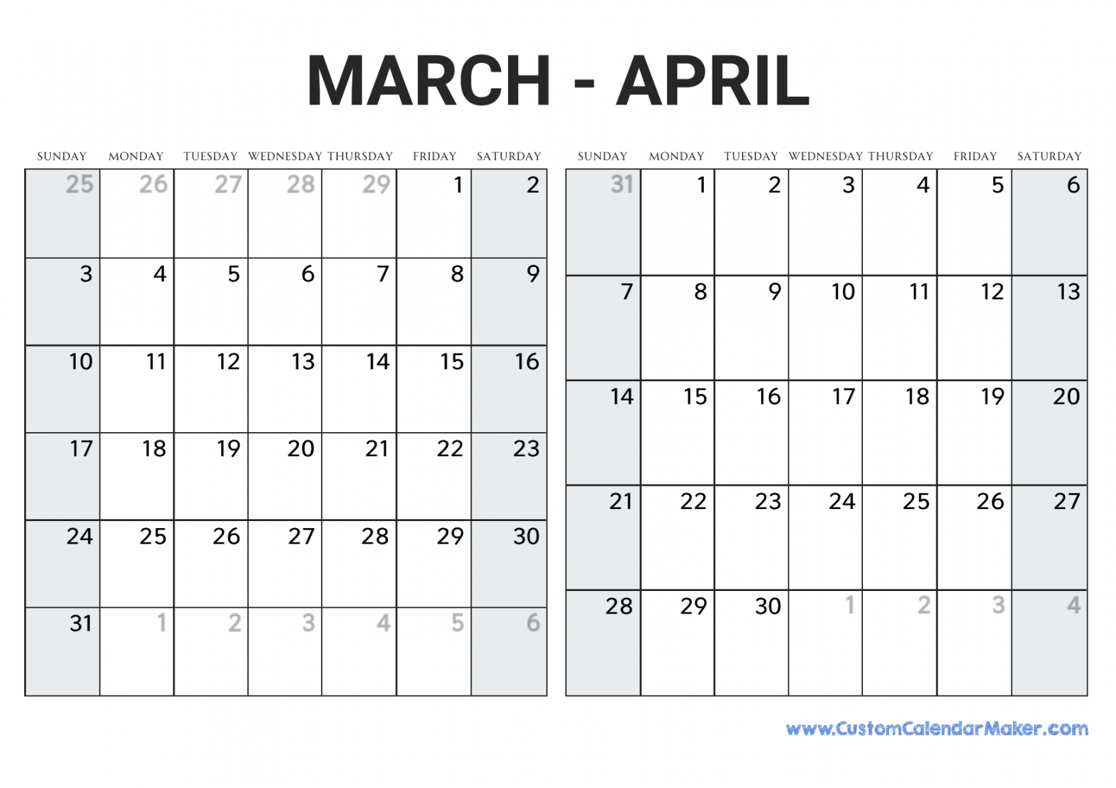 march and april printable calendar template 1