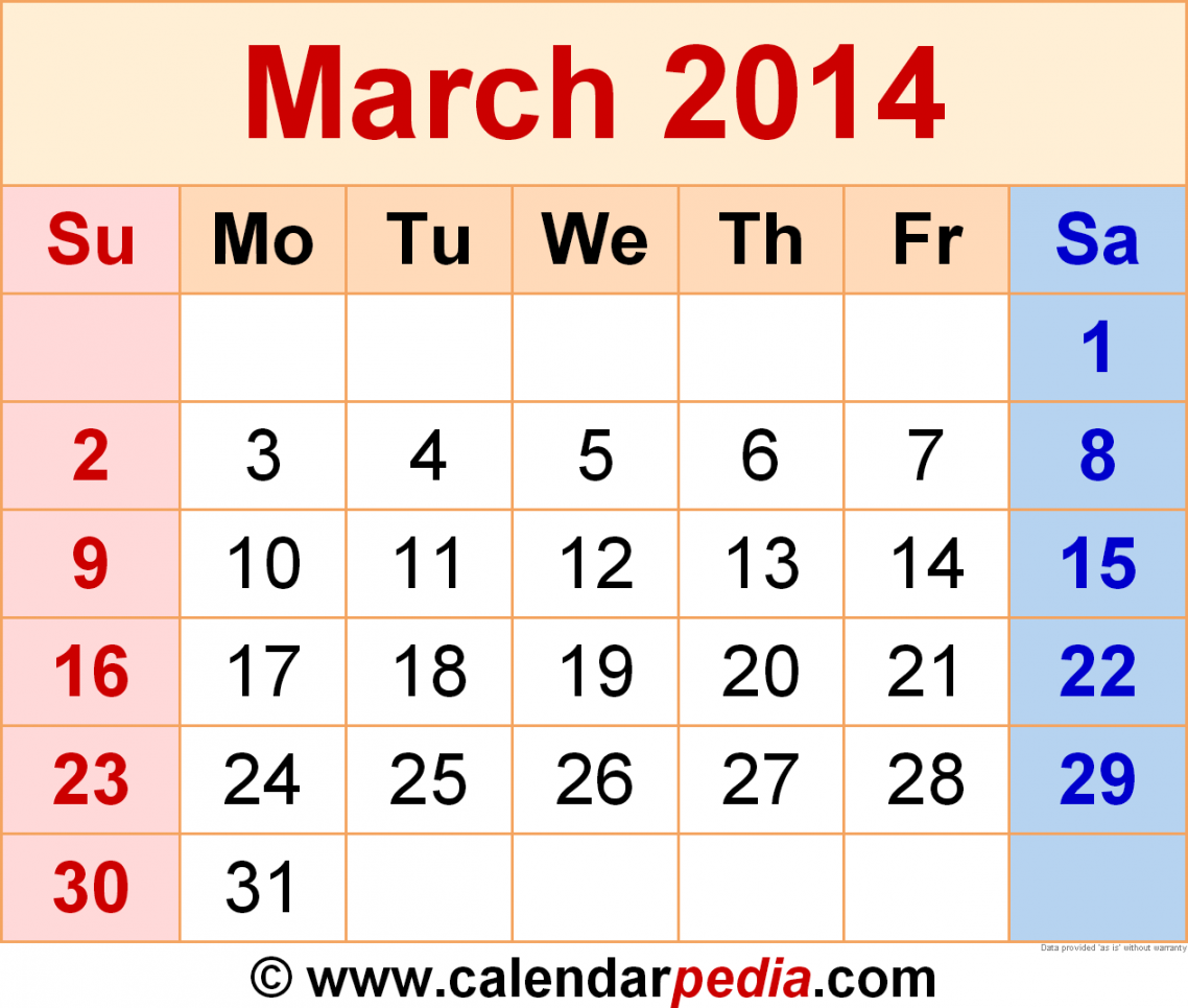 March  Calendar  Templates for Word, Excel and PDF
