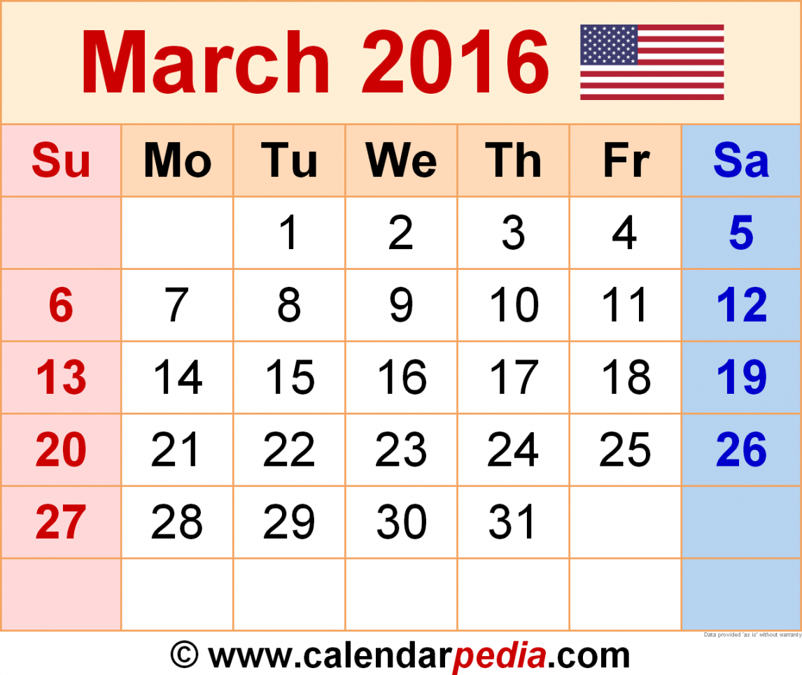 March  Calendar  Templates for Word, Excel and PDF