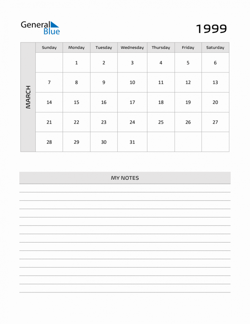 March  Printable Monthly Calendar with Notes