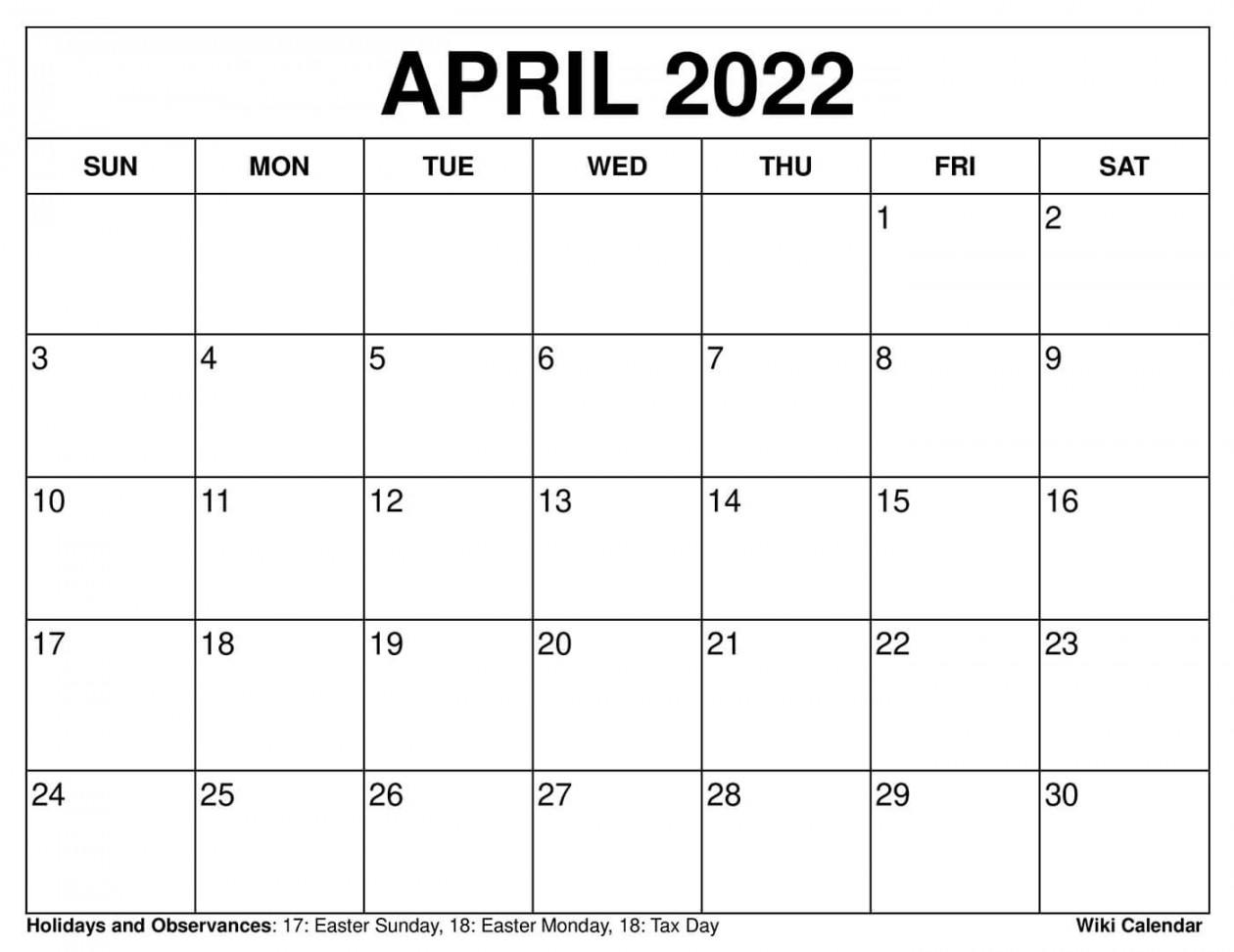 printable april calendar templates with holidays 1