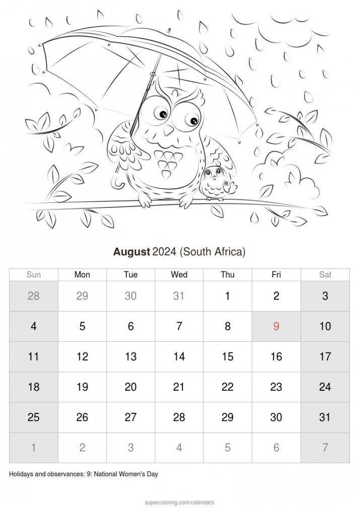 August  calendar - South Africa