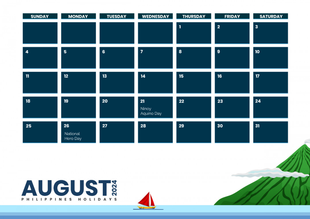 August  Calendar with Holidays Philippines Template - Edit