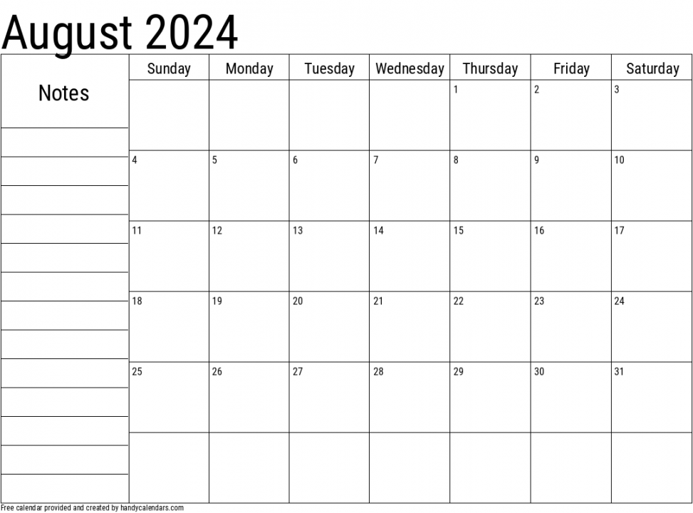 August  Calendar With Notes - Handy Calendars