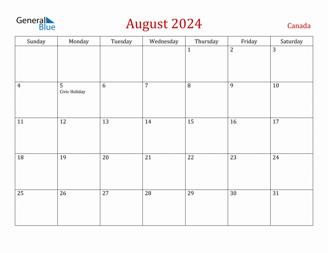 August  Canada Monthly Calendar with Holidays