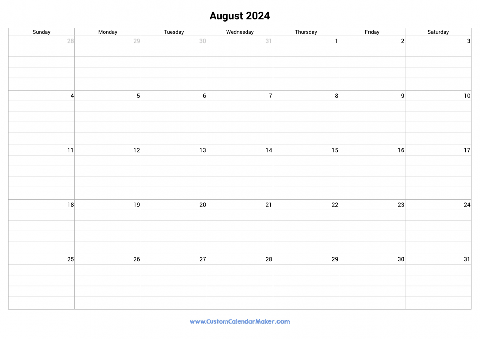 August  Fillable Calendar Grid With Lines
