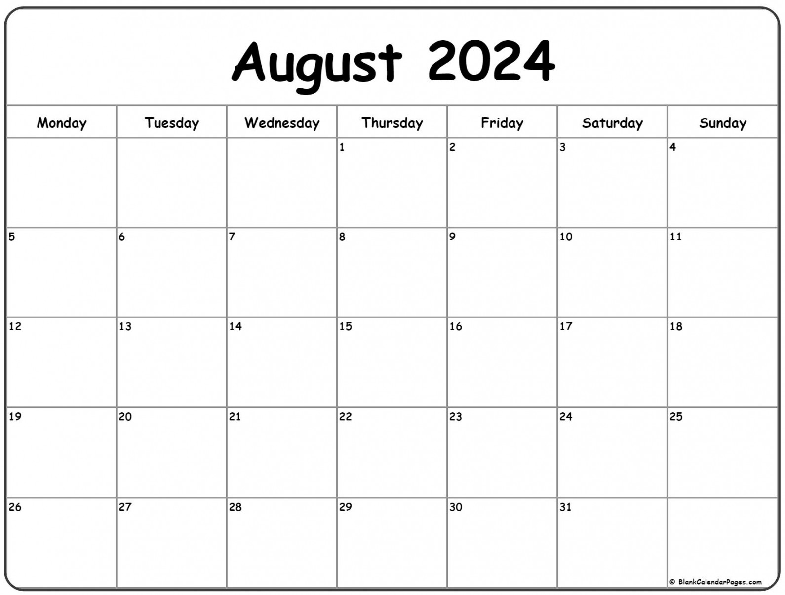 august monday calendar monday to sunday 1