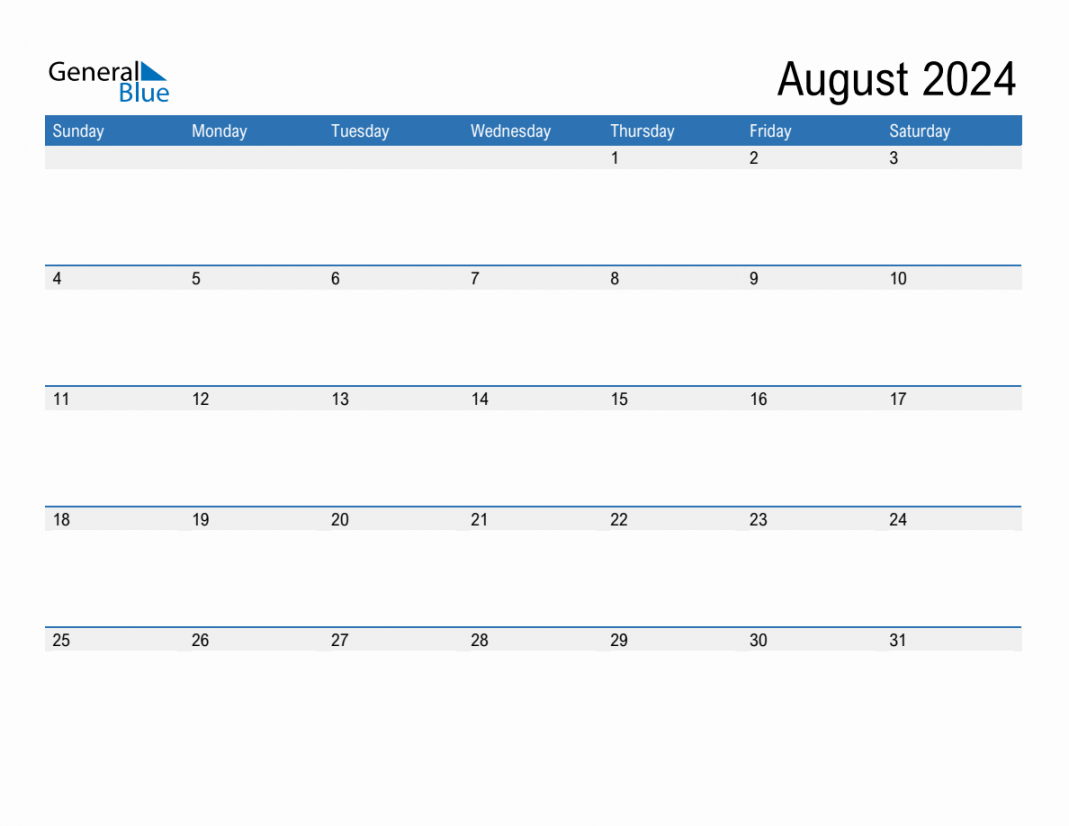 August  Monthly Calendar (PDF, Word, Excel)
