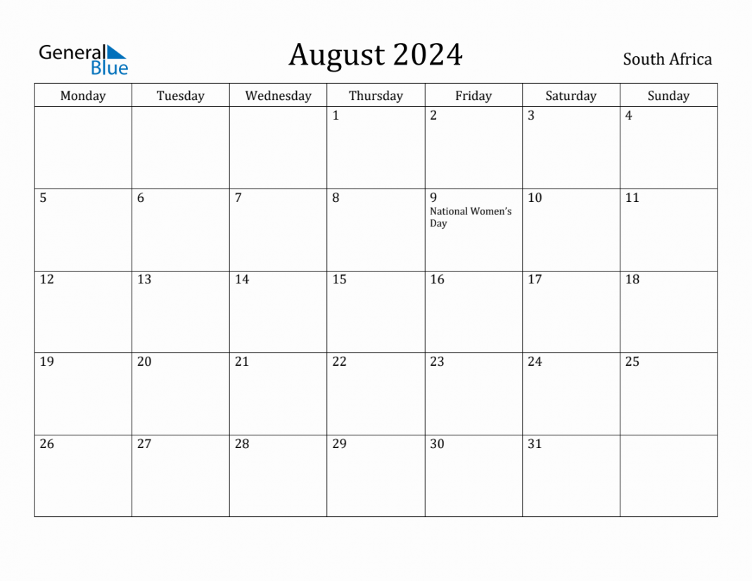 August  Monthly Calendar with South Africa Holidays