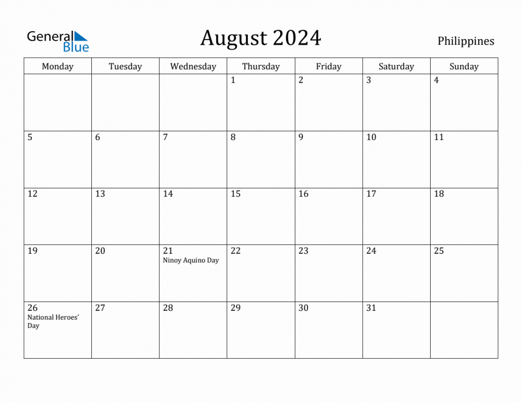 August  - Philippines Monthly Calendar with Holidays