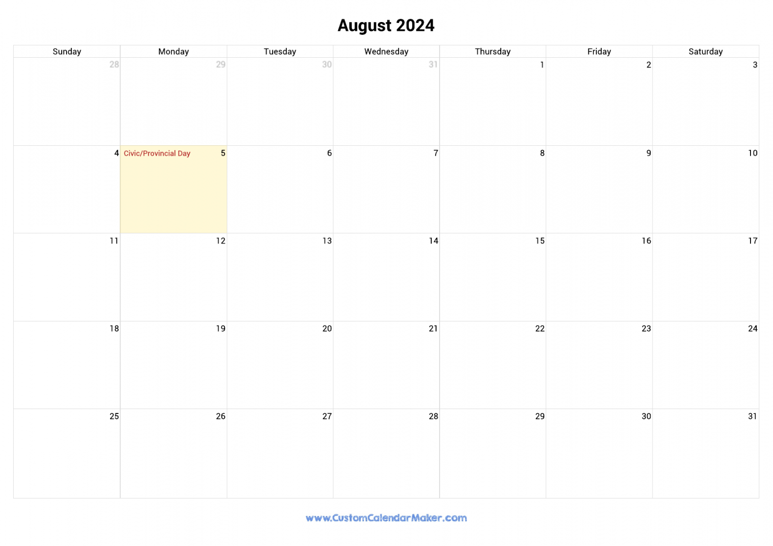 August  Printable Calendar With Canadian Holidays