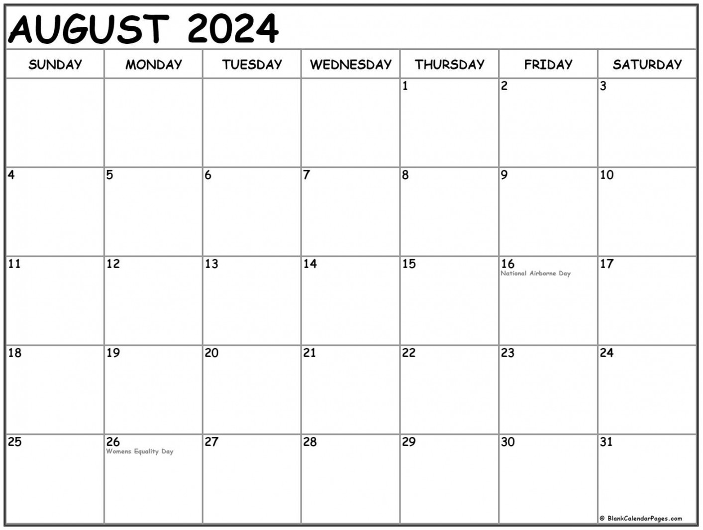 August  with holidays calendar