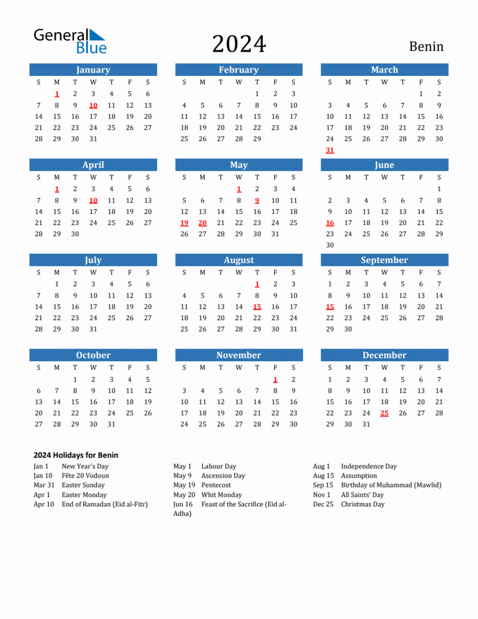 Benin Calendar with Holidays