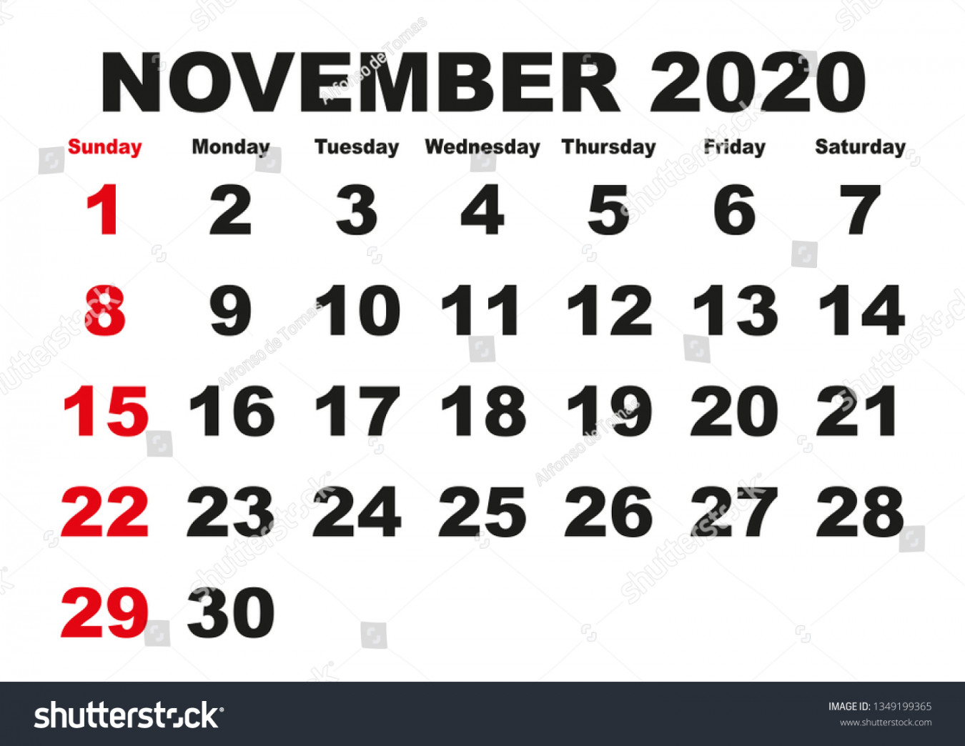 Calendar November Month Vector Printable Stock Vector