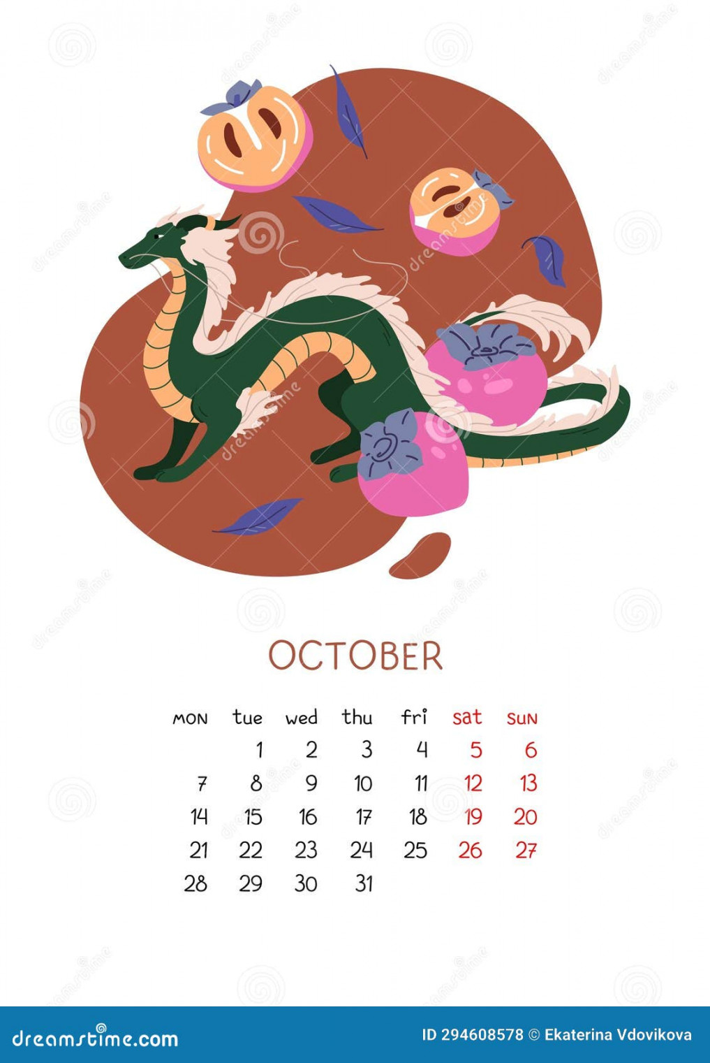 Calendar with Chinese Dragon and Persimmon