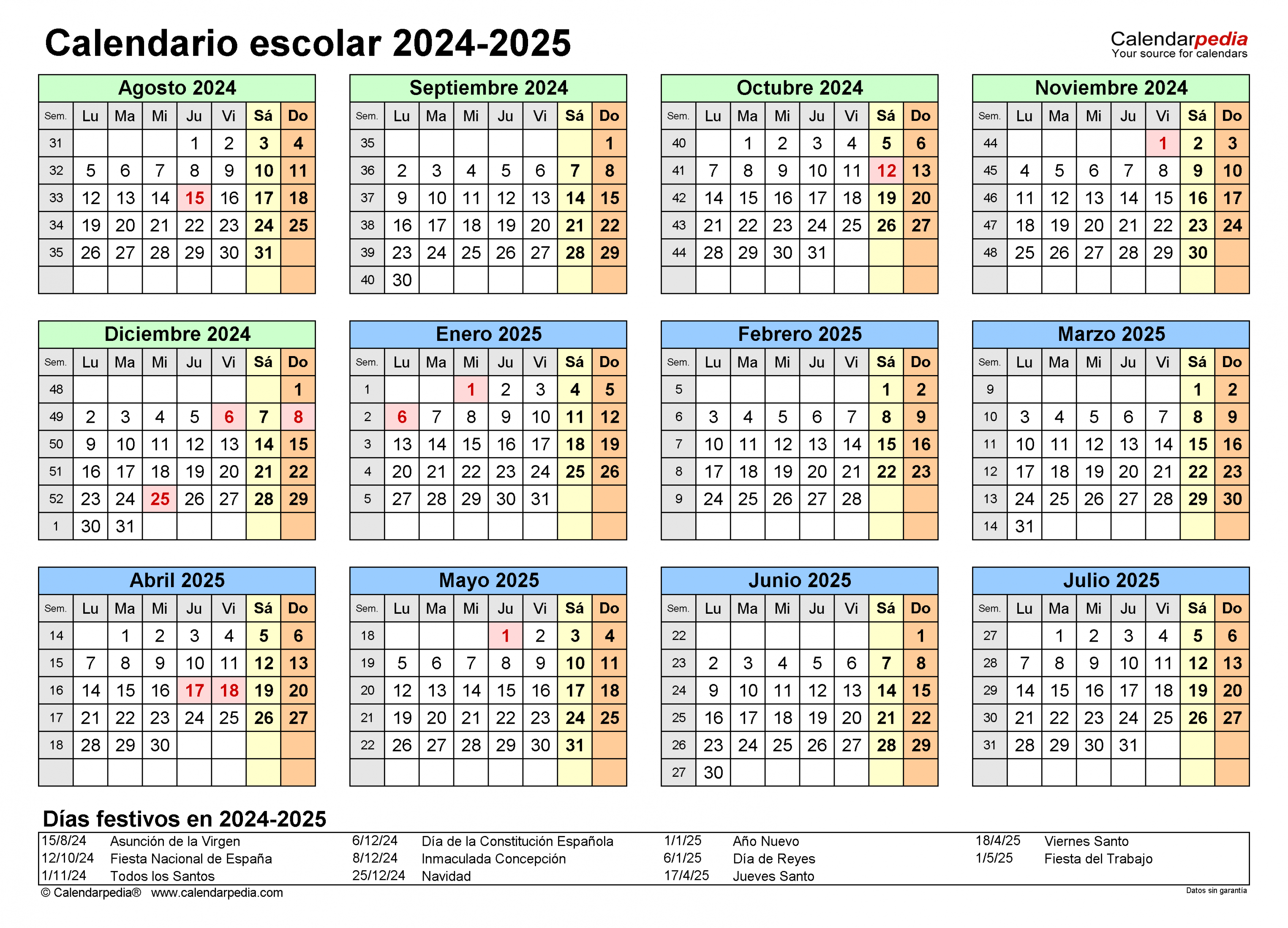 Calendario escolar - en Word, Excel y PDF