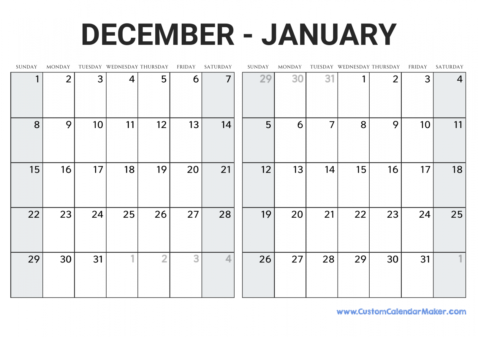 december and january printable calendar template 0