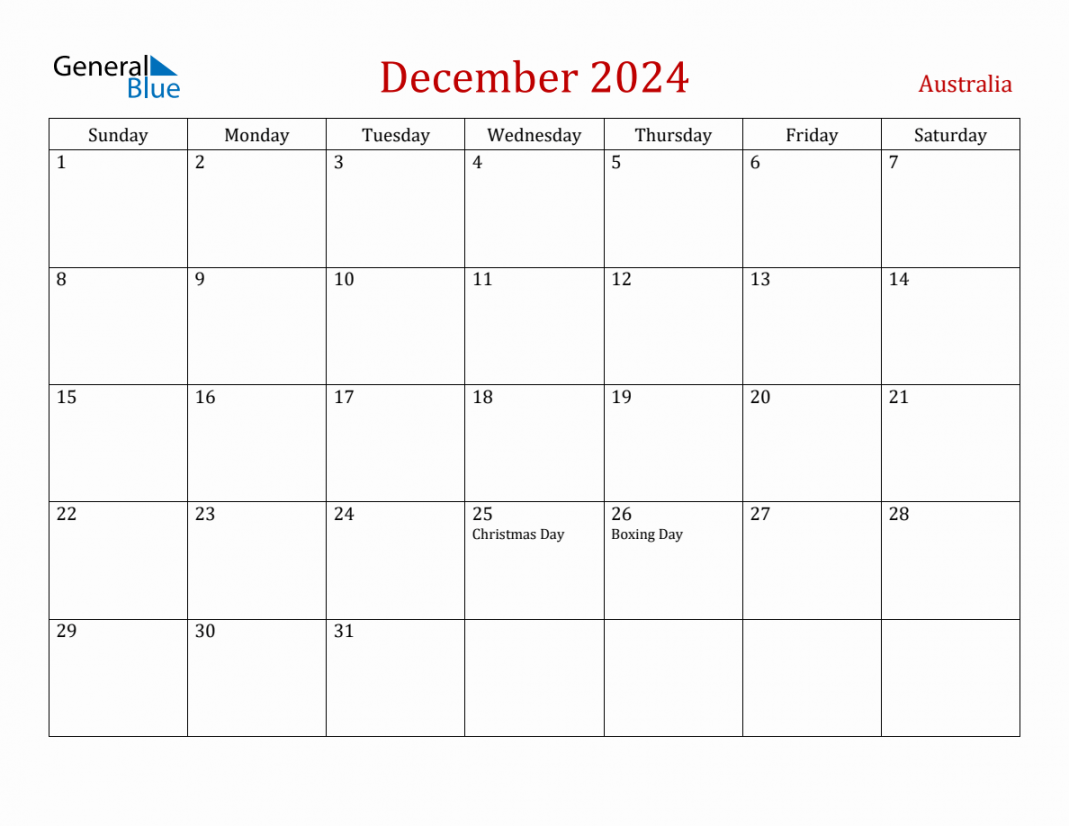 december australia monthly calendar with holidays