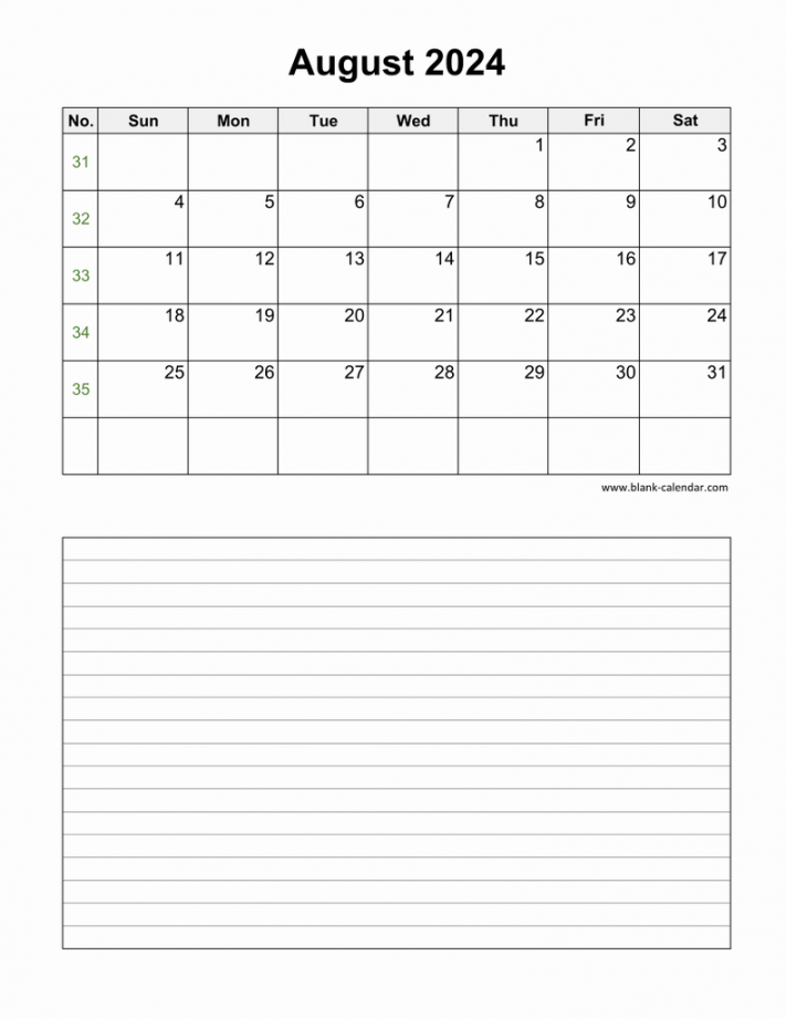 Download August  Blank Calendar with Space for Notes (vertical)