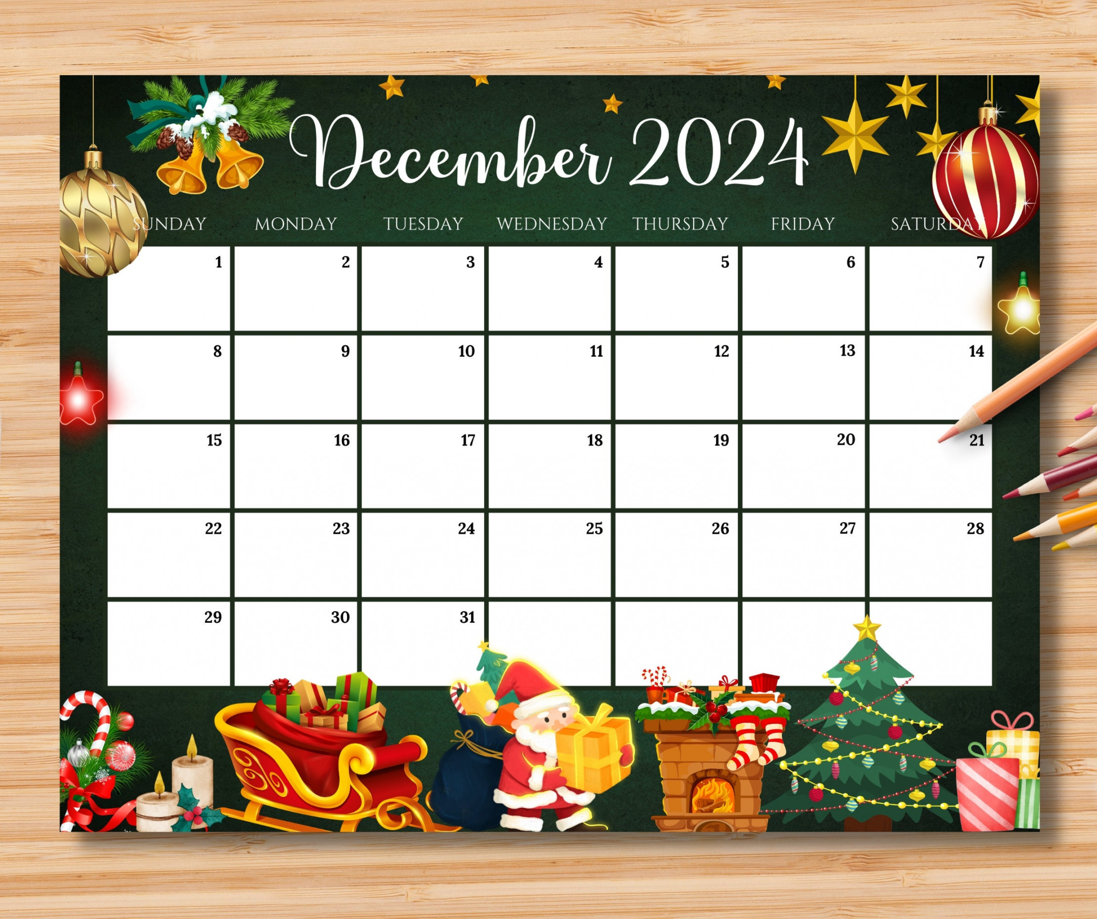 EDITABLE December  Calendar, Gorgeous Christmas With Santa