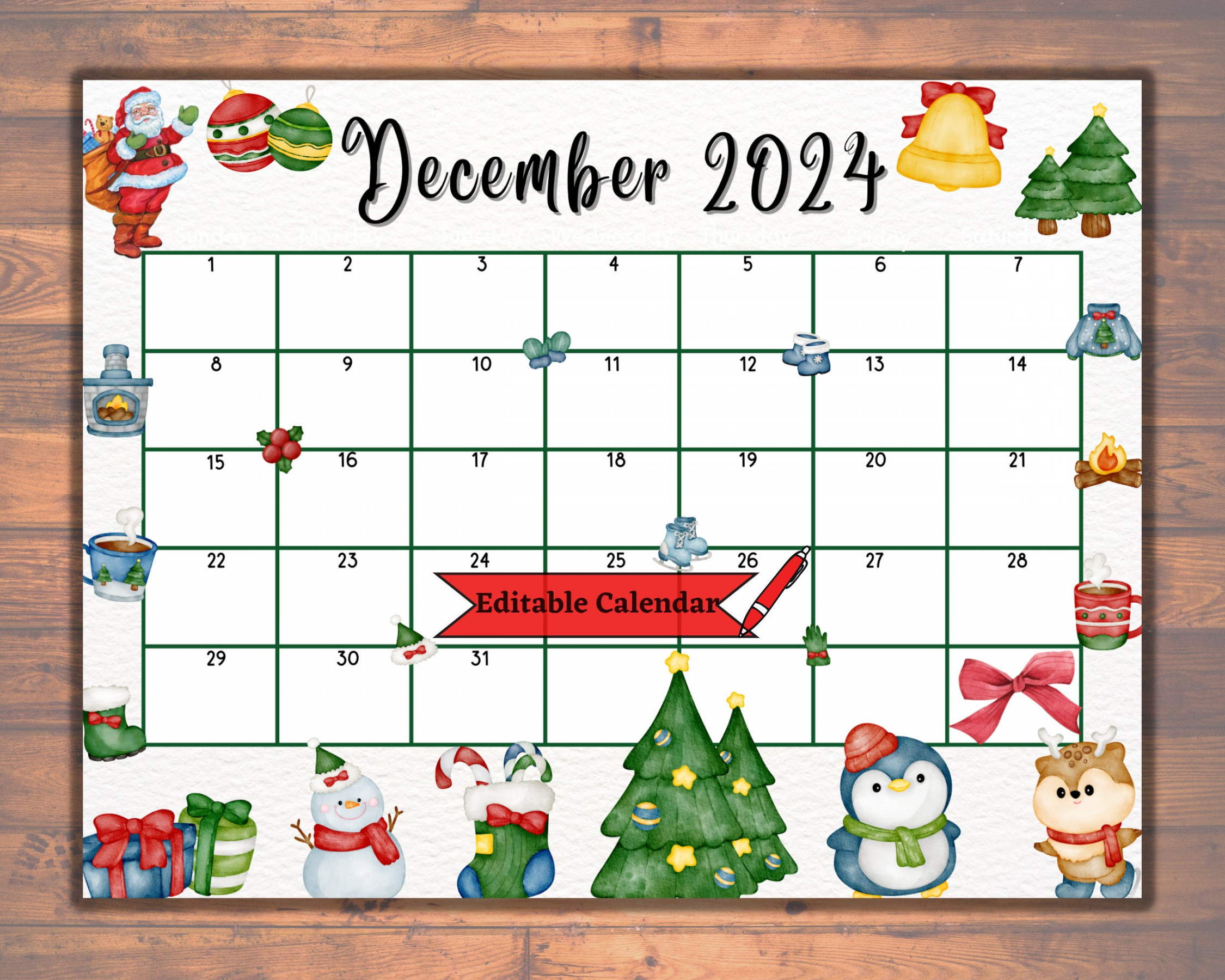 Editable Fillable December  Calendar for Merry Christmas, Colorful  Holiday Ornament, Cute Animals, Winter Printable Planner, Digital PDF