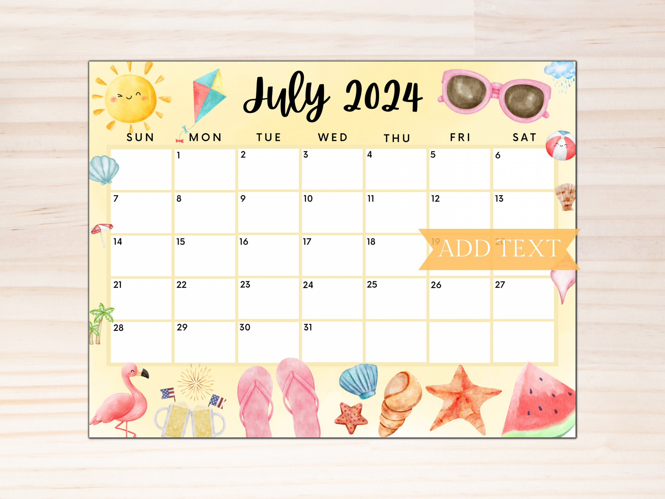 Editable July  Calendar, Printable July Planner, Cute Calendar