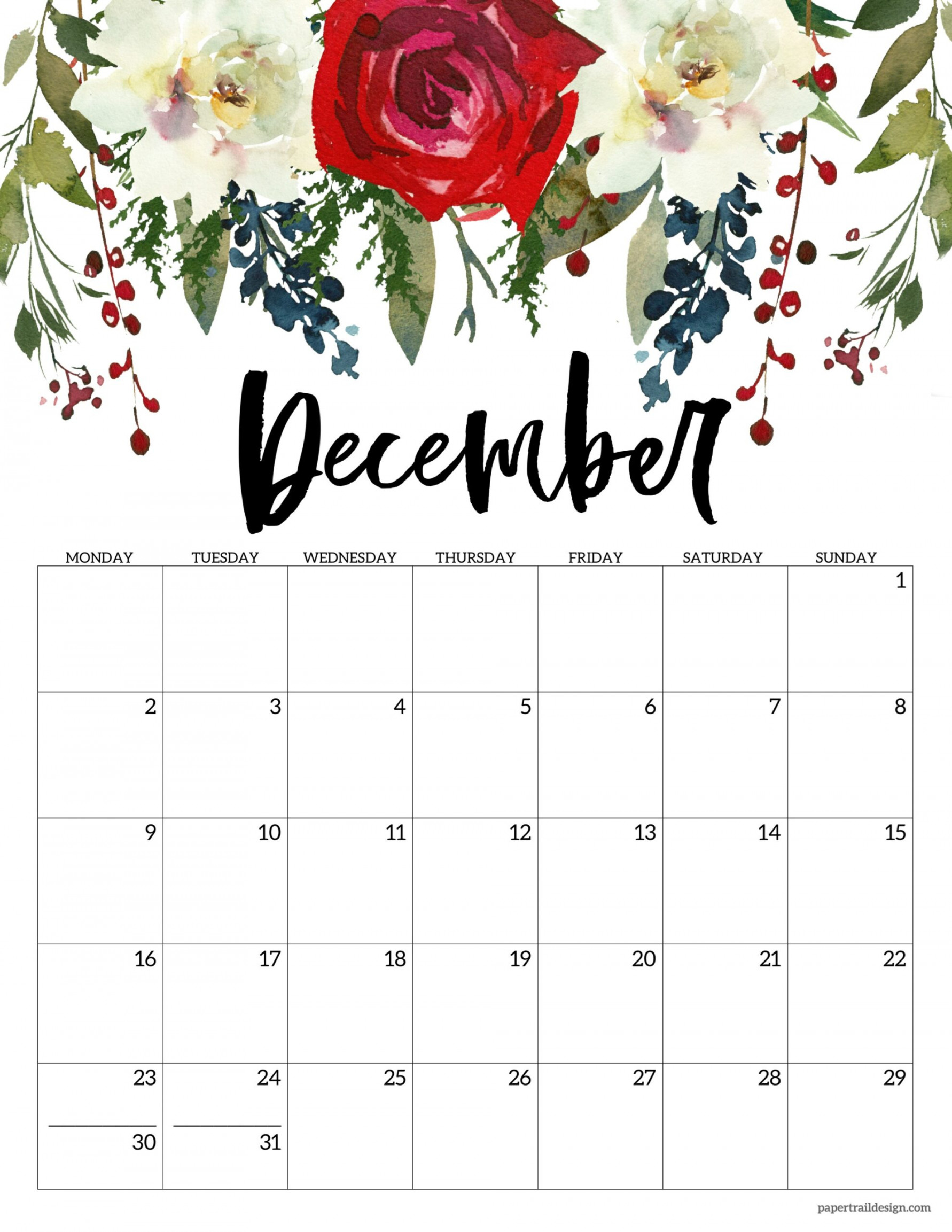 Free Printable  Floral Calendar – Monday Start - Paper Trail