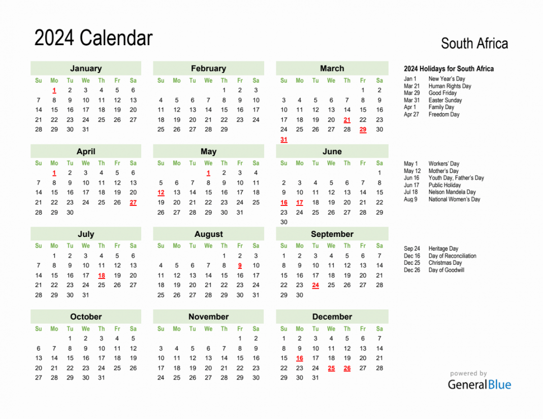 Holiday Calendar  for South Africa (Sunday Start)