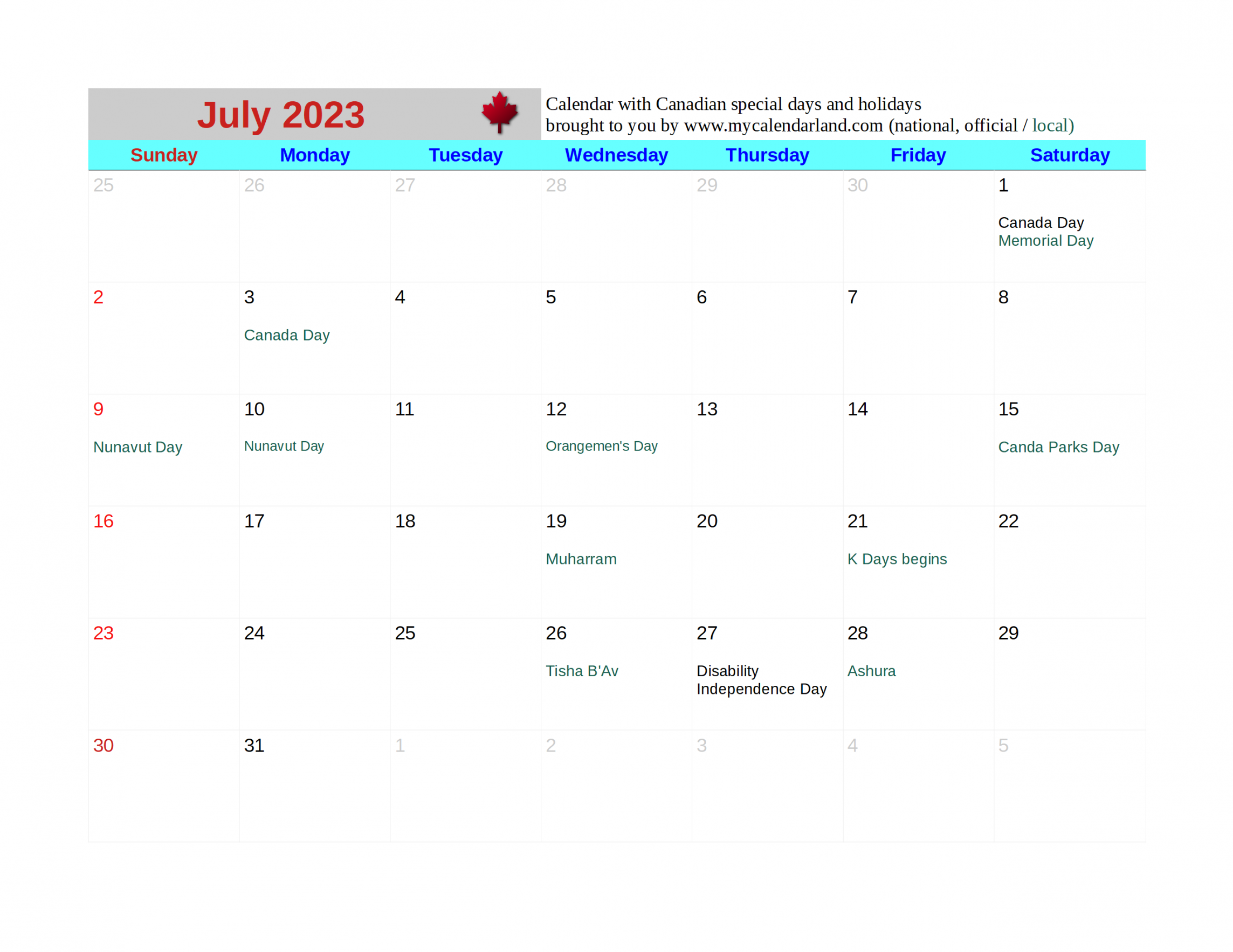July  Calendar - My Calendar Land