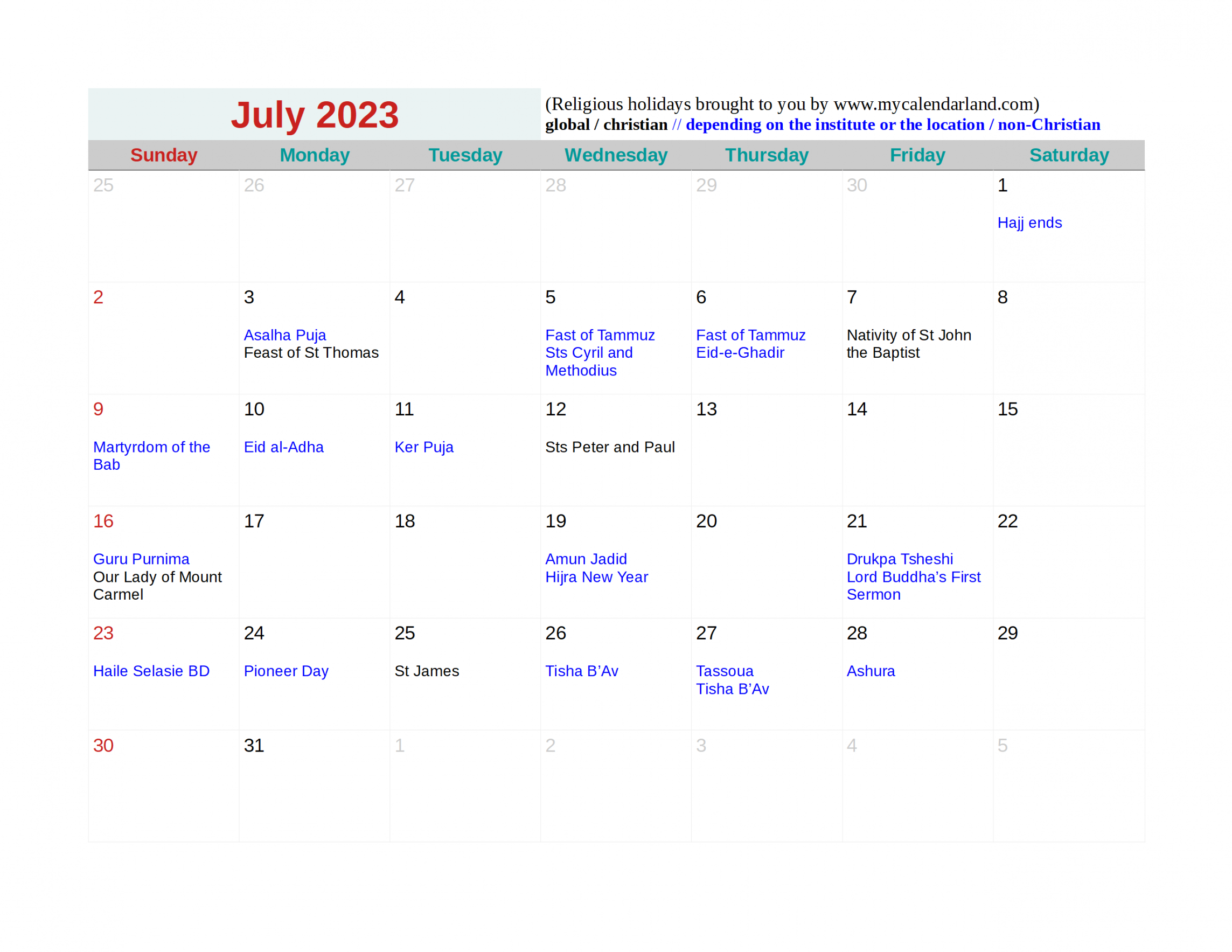 July  Calendar - My Calendar Land