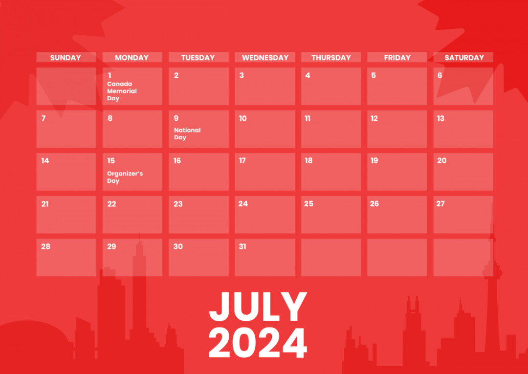 July  Calendar with Holidays Canada Template - Edit Online