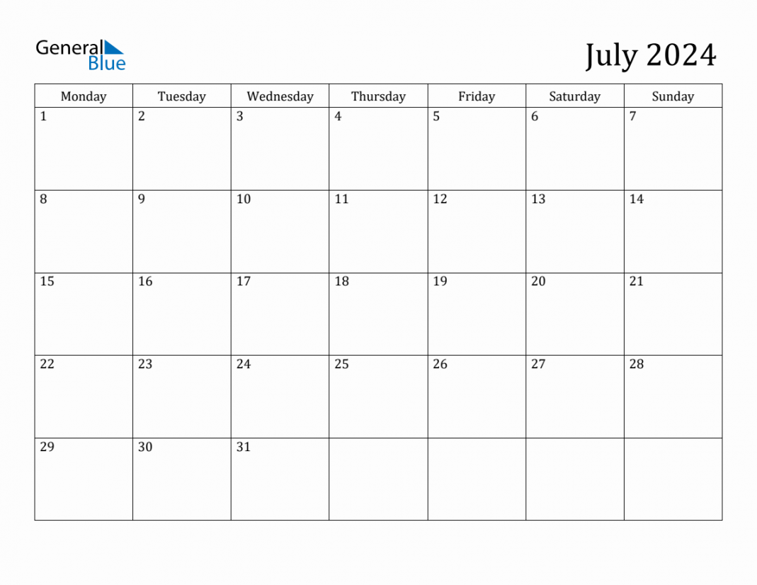 July  Monday Start Calendar (PDF, Excel, Word)