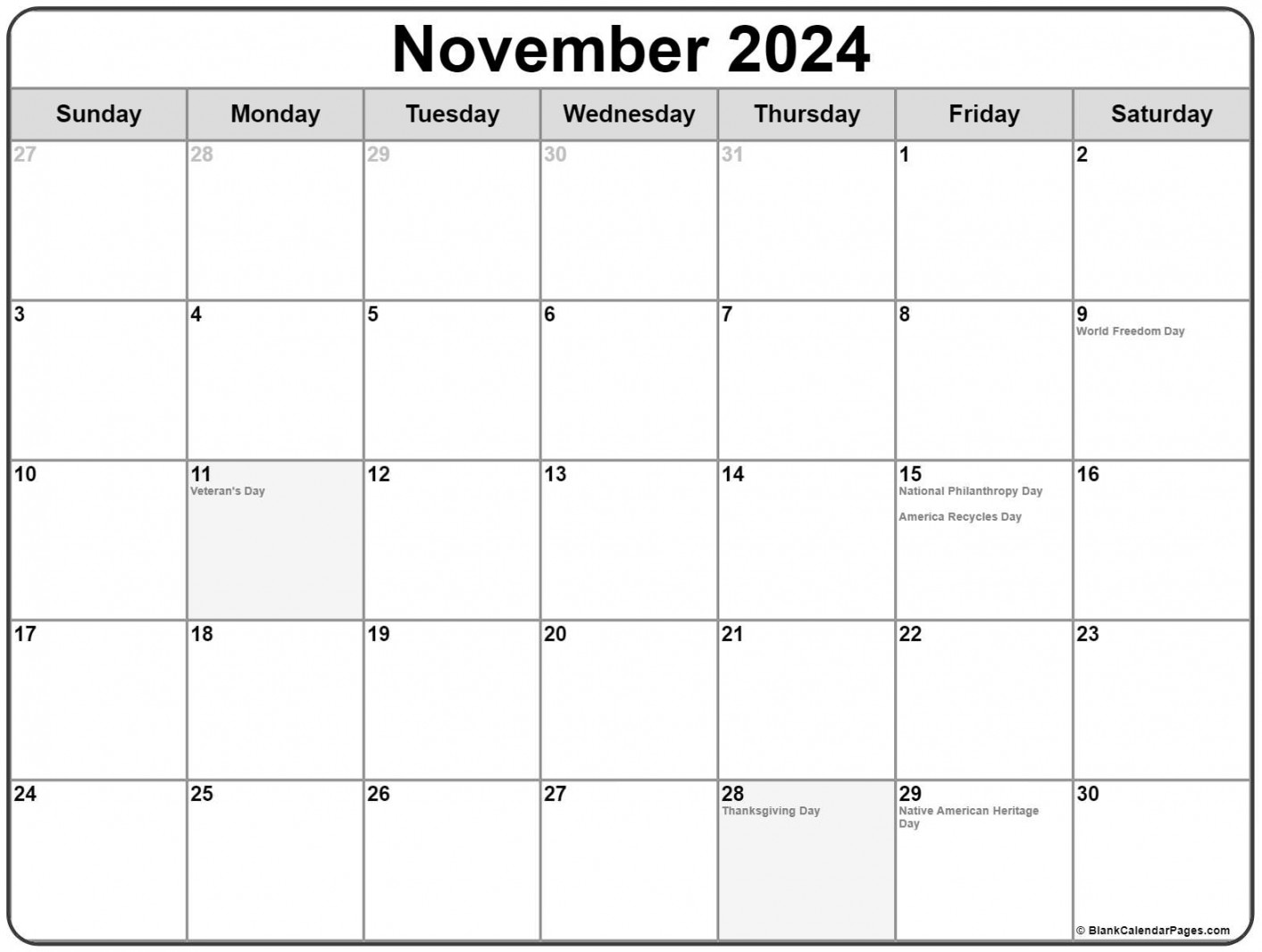 November  with holidays calendar