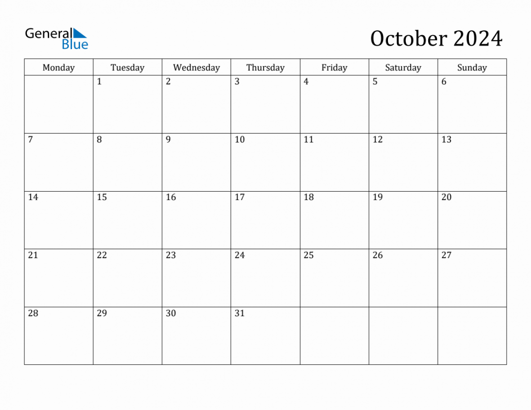 October  Monday Start Calendar (PDF, Excel, Word)