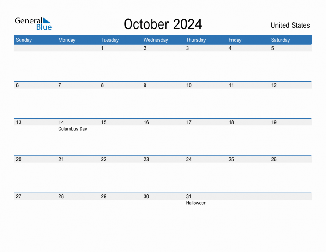 October  Monthly Calendar with United States Holidays