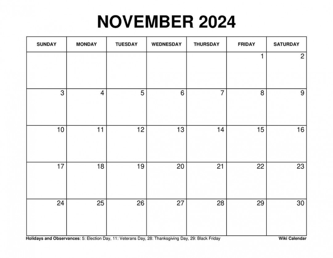 Printable November  Calendar Templates with Holidays - Wiki