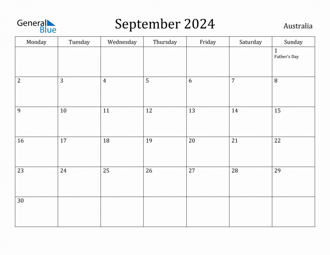 September  - Australia Monthly Calendar with Holidays