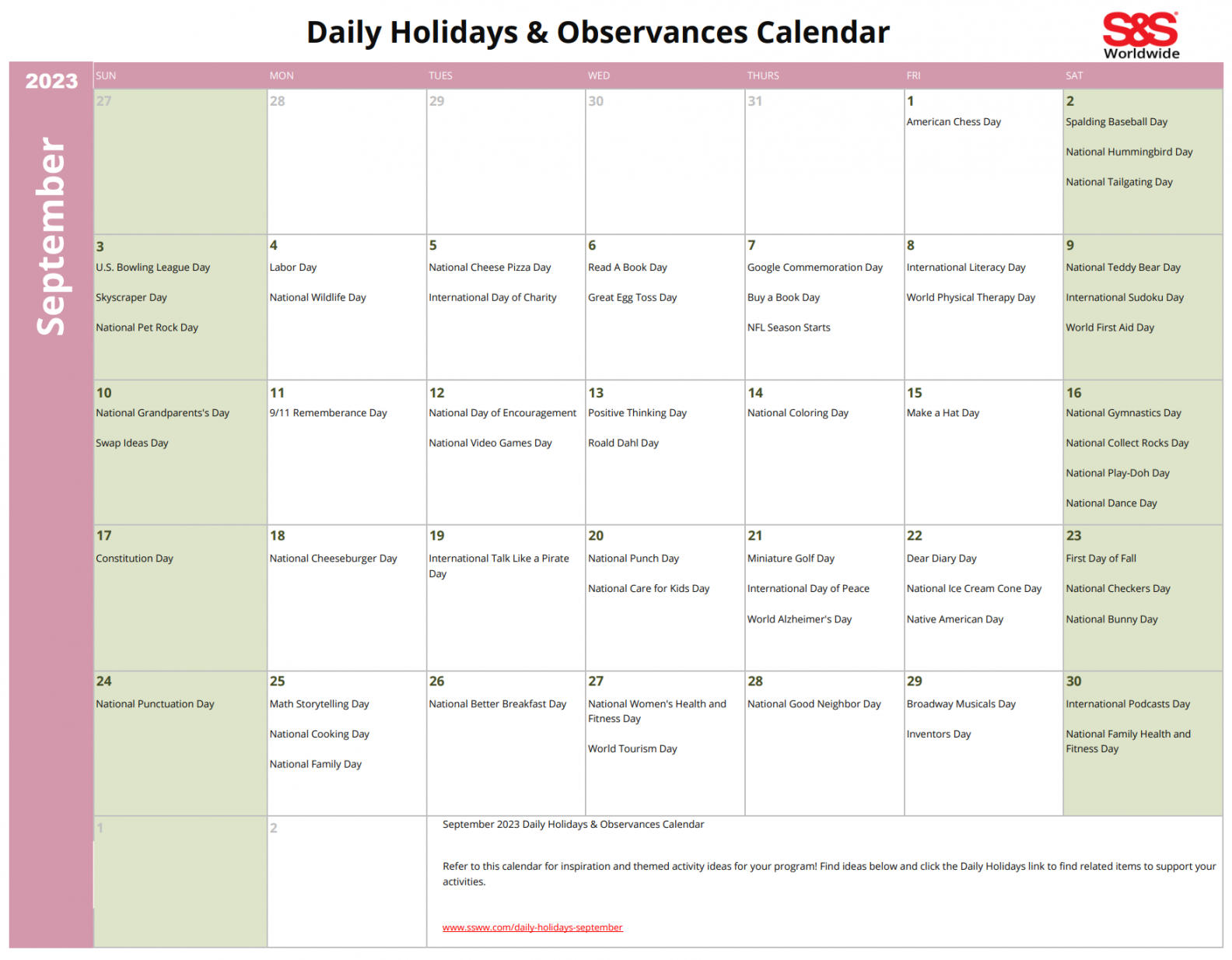 September Daily Holidays & Observances Printable Calendar - S&S Blog