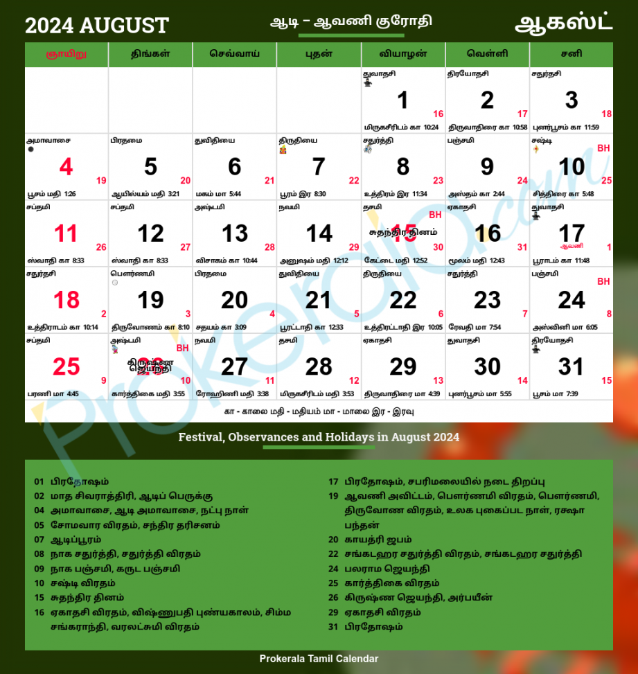 Tamil Calendar , August