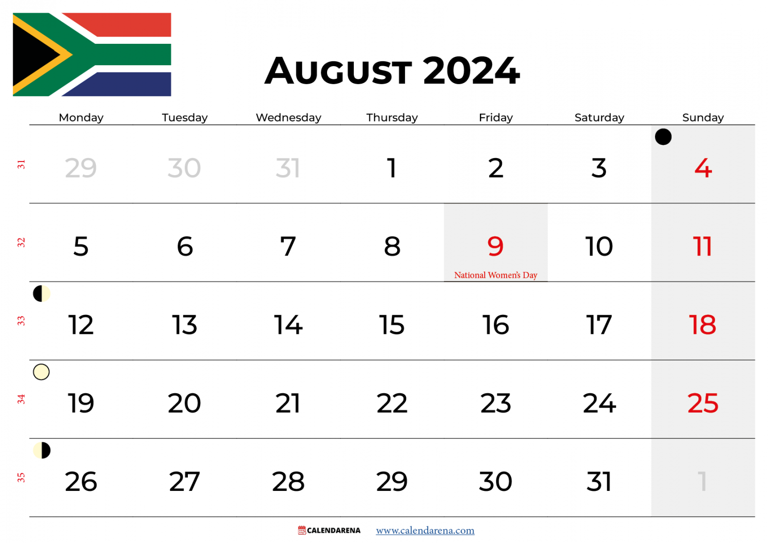 August  Calendar South Africa