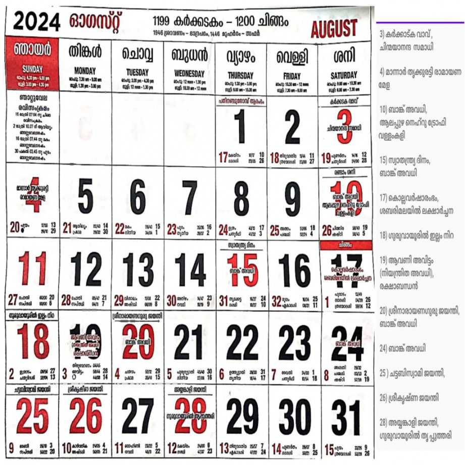 August  Malayalam calendar all festivals, holiday, tithi