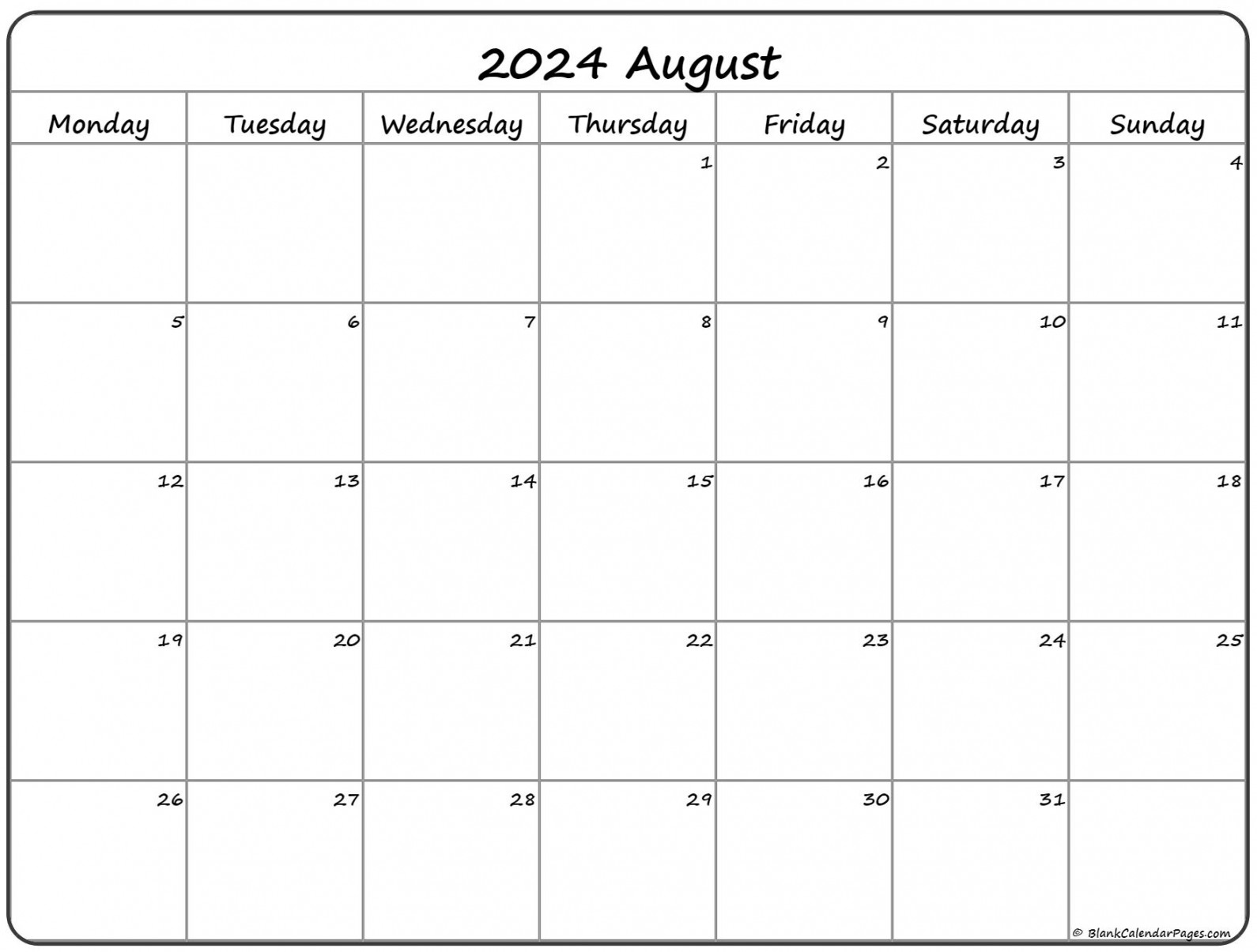 August  Monday Calendar  Monday to Sunday