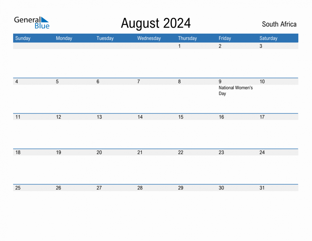 August  Monthly Calendar with South Africa Holidays