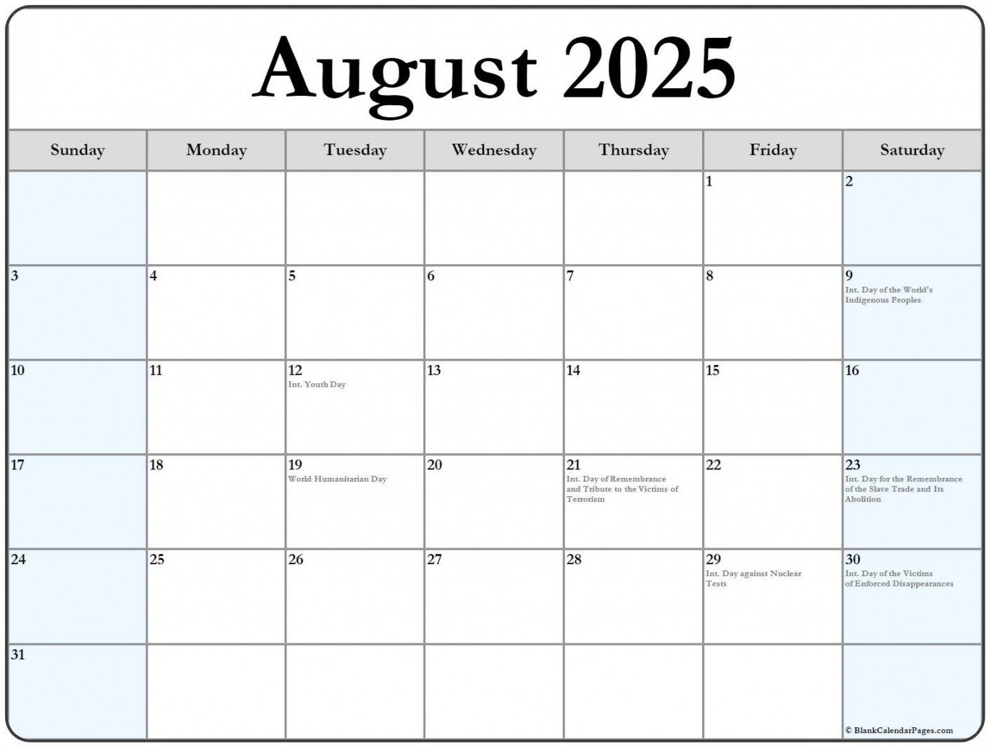August  with holidays calendar