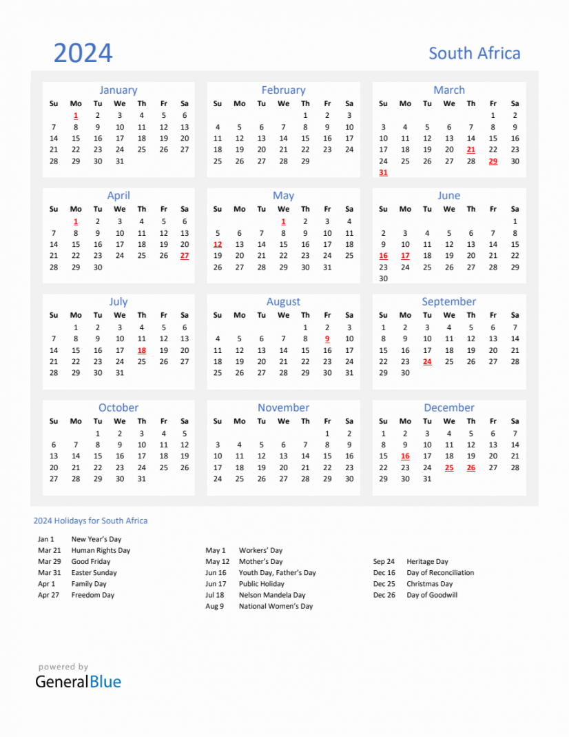 Basic Yearly Calendar with Holidays in South Africa for