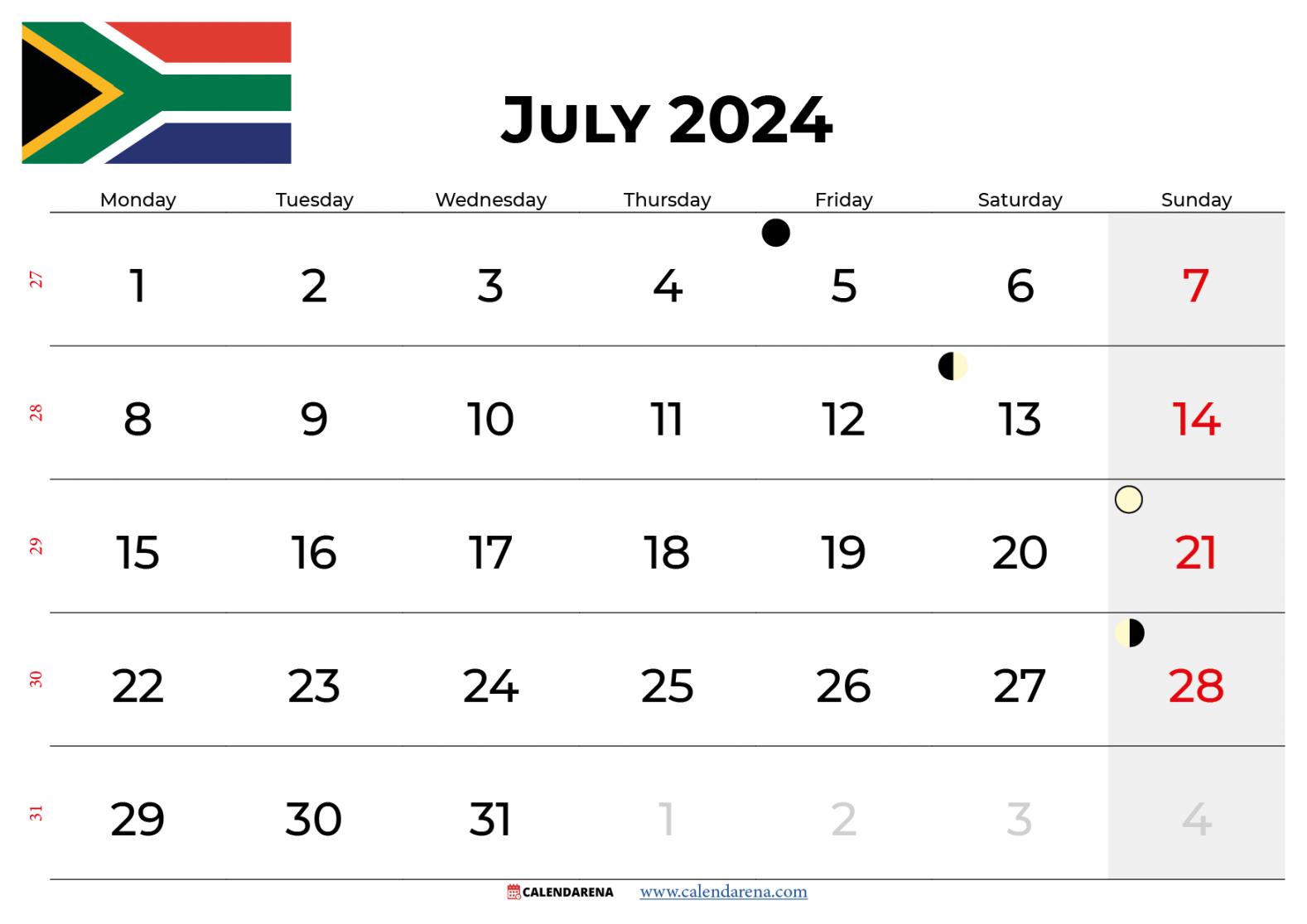 Calendar July  South Africa