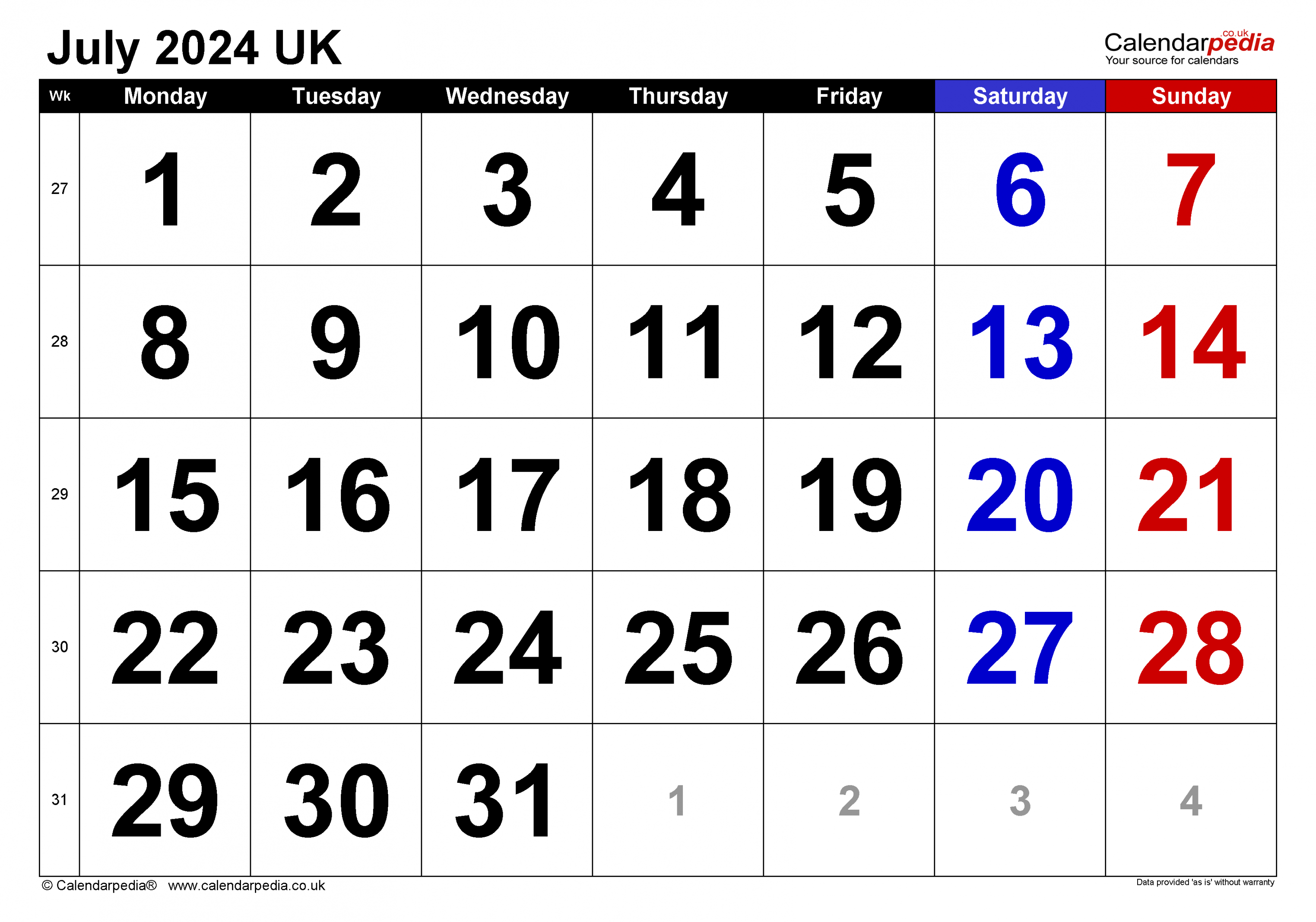 Calendar July  UK with Excel, Word and PDF templates