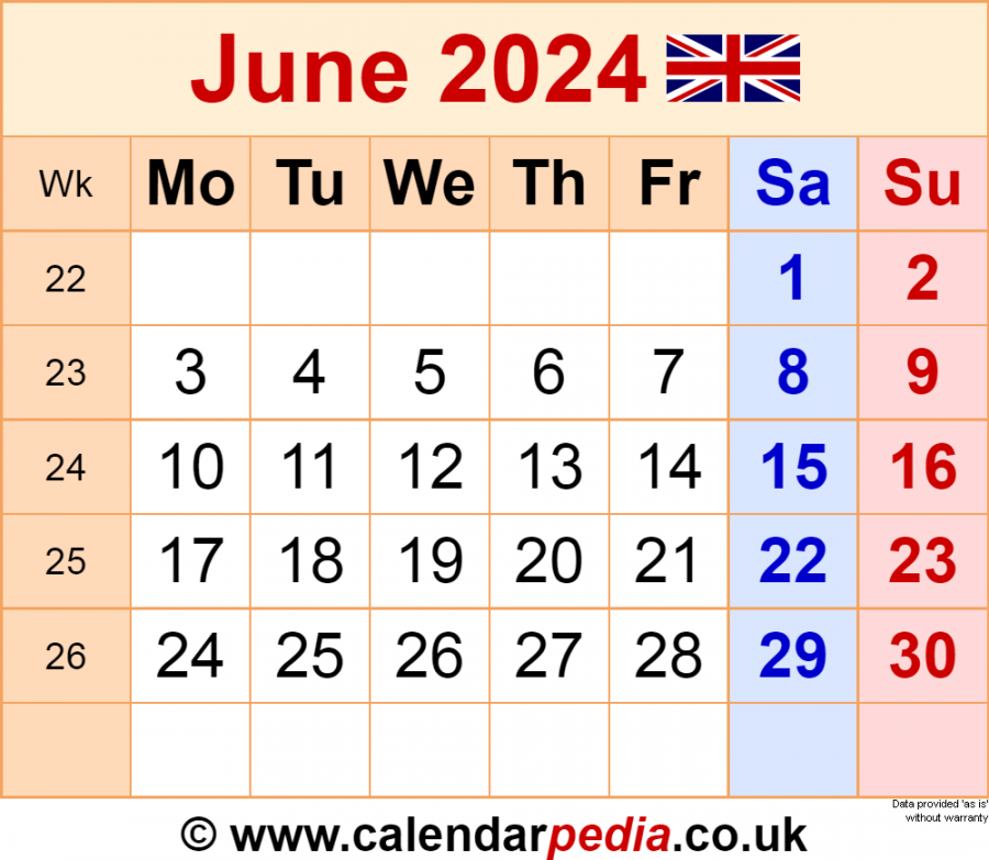 Calendar June  UK with Excel, Word and PDF templates